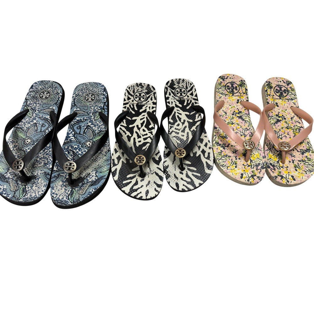Tory Burch Flip Flop Bundle 3 Pairs Blue Floral Coral Pink Sandals Womens 9